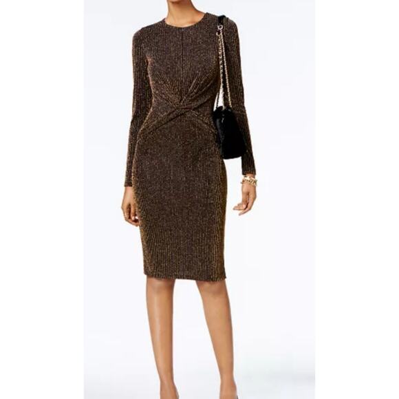 Michael Kors Dresses & Skirts - Michael Kors Gold Metallic Twist Front Bodycon Dress Long Sleeve Stretch 3X
